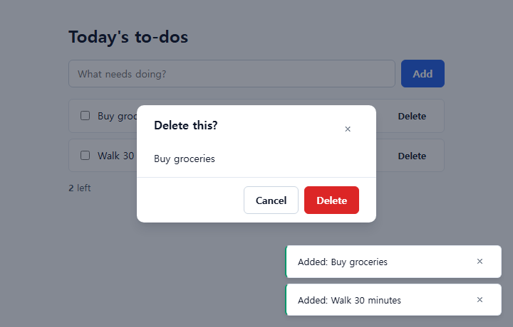 A dialog asks before deleting. Escape or Cancel keeps the item
